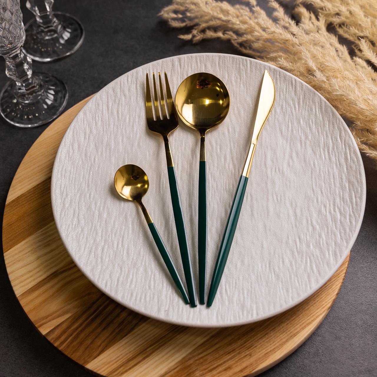 Набор столовых приборов на 6 персон 24 пр. Золотистый с зеленым - фото 1 Набор столовых приборов на 6 персон 24 пр. Золотистый с зеленым - фото 1
