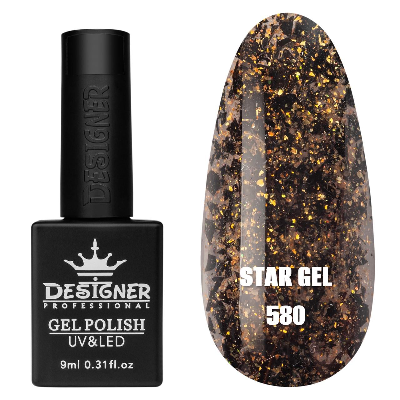 Гель-лак для маникюра Star gel Дизайнер с хлопьями Юки 9 мл Черный с золотым №580