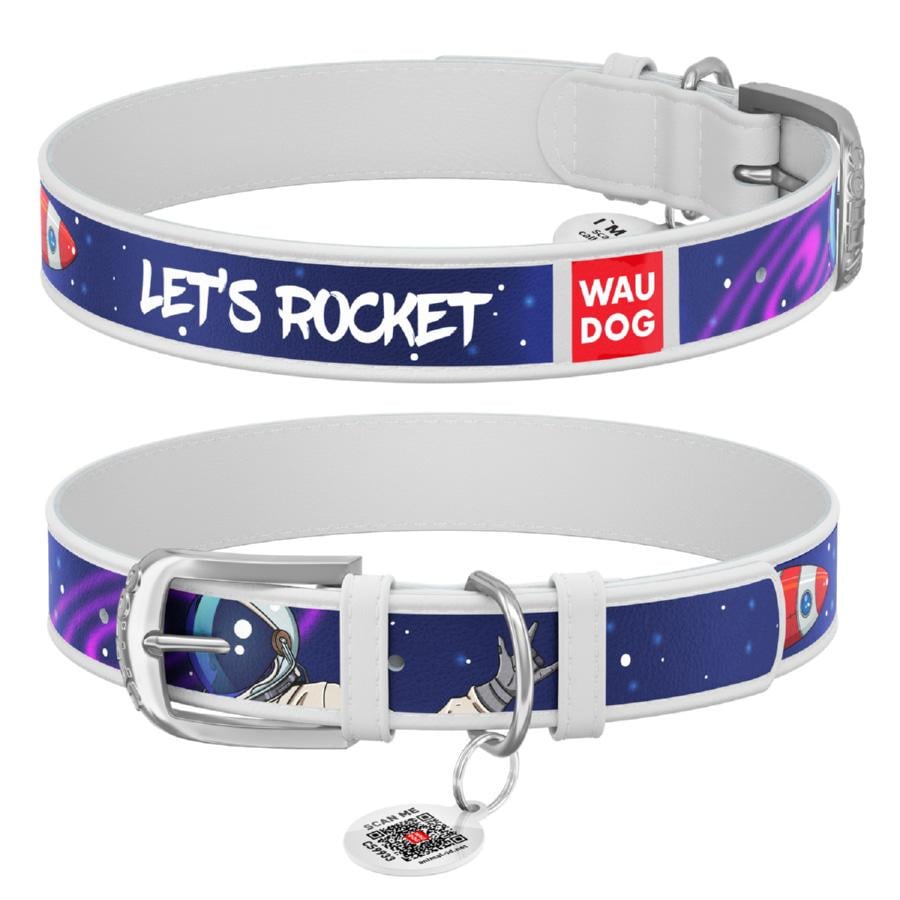 Ошейник для собак кожаный Waudog Design Космос. Ракета с QR паспортом L