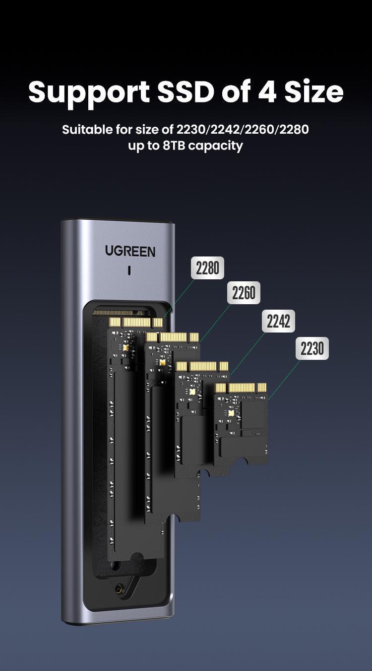 Корпус UGREEN для M.2 NVME та SATA SSD дисків 20 Гбіт/с з Кабелем M та B&M 2280/2230/ 2242/2260 для PCI-e та NGFF Сріблястий (35576) - фото 10 Корпус UGREEN для M.2 NVME та SATA SSD дисків 20 Гбіт/с з Кабелем M та B&M 2280/2230/ 2242/2260 для PCI-e та NGFF Сріблястий (35576) - фото 10