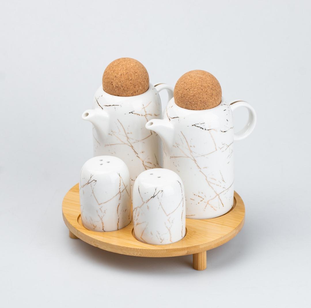 Набір для спецій та рідких текстур TS Kitchen HP275 кераміка на підставці 4 пр. Білий мармур (18815055) - фото 2