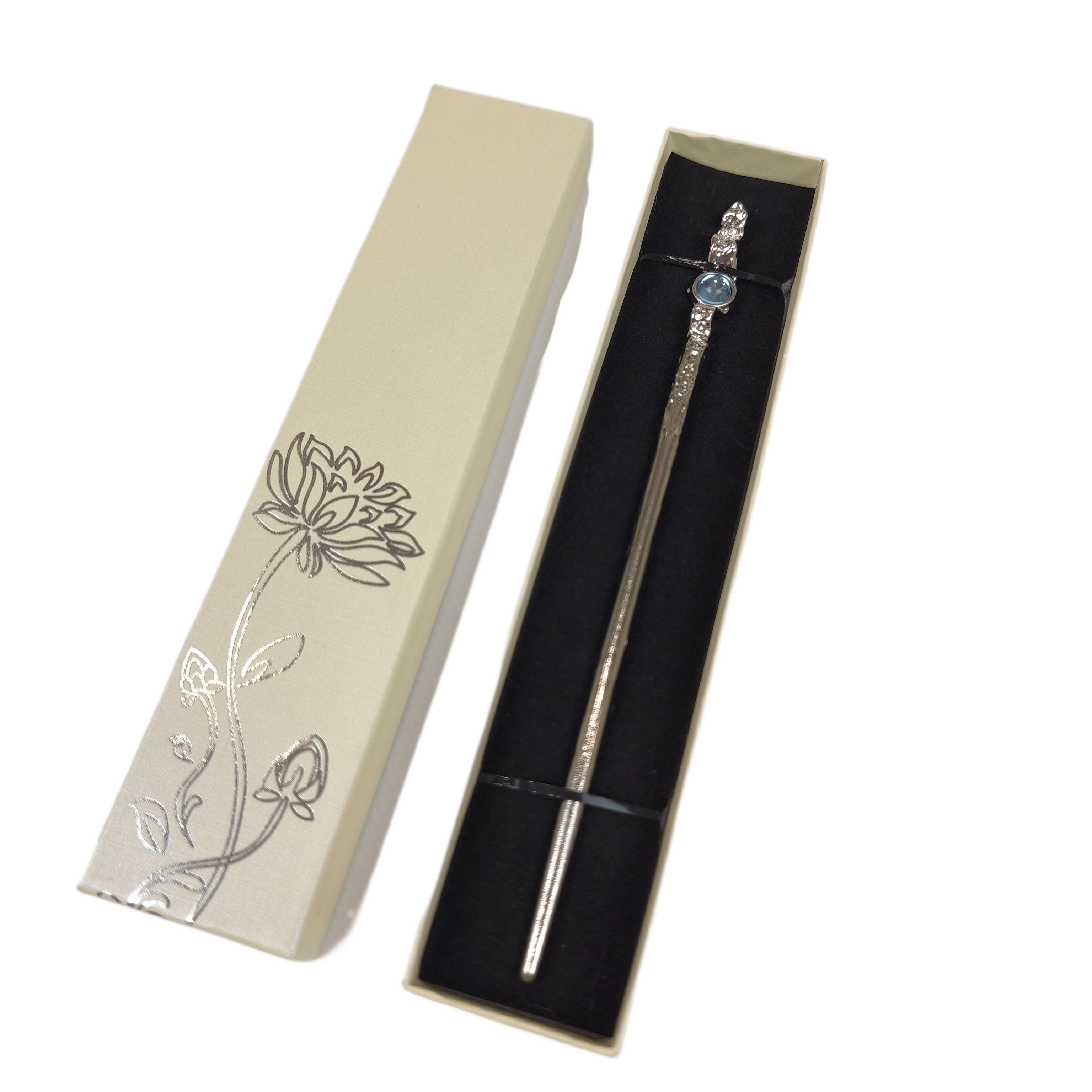 Шпилька-палочка для волос с камешком металлическая азиатский стиль в подарочной коробке Серебристый (R8098)