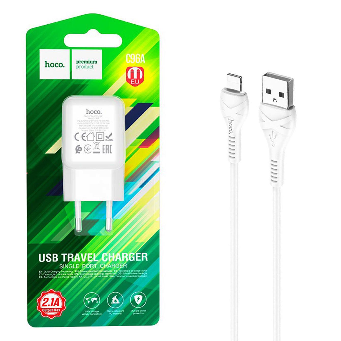 Устройство сетевое зарядное Hoco C96A 1 USB/2,1 A с кабелем для зарядки USB/Lightning Белый - фото 3