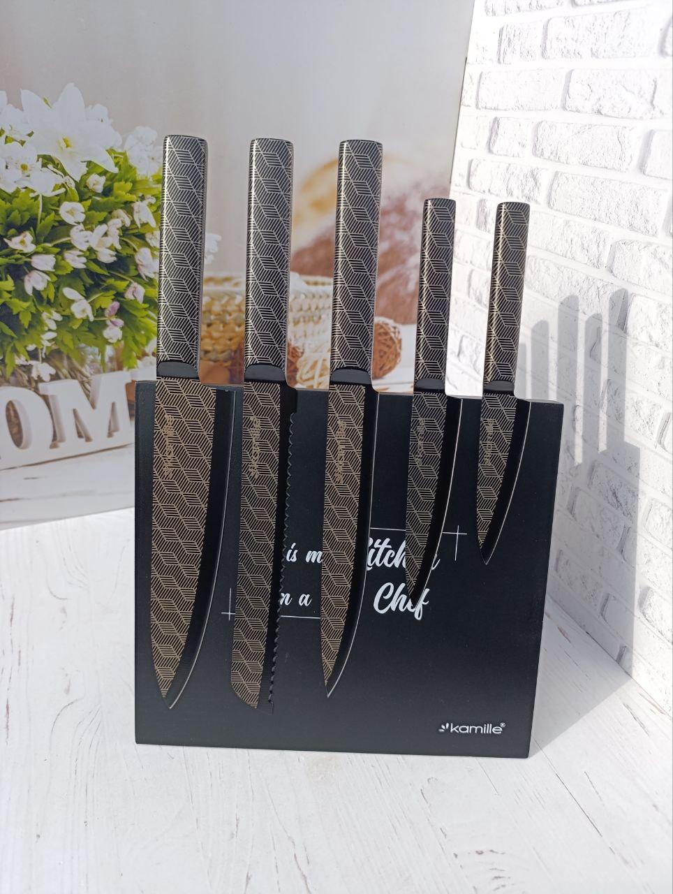 Набор кухонных ножей Kamille KM-7636 на магнитной подставке 6 пр. Черный (KM-7636)