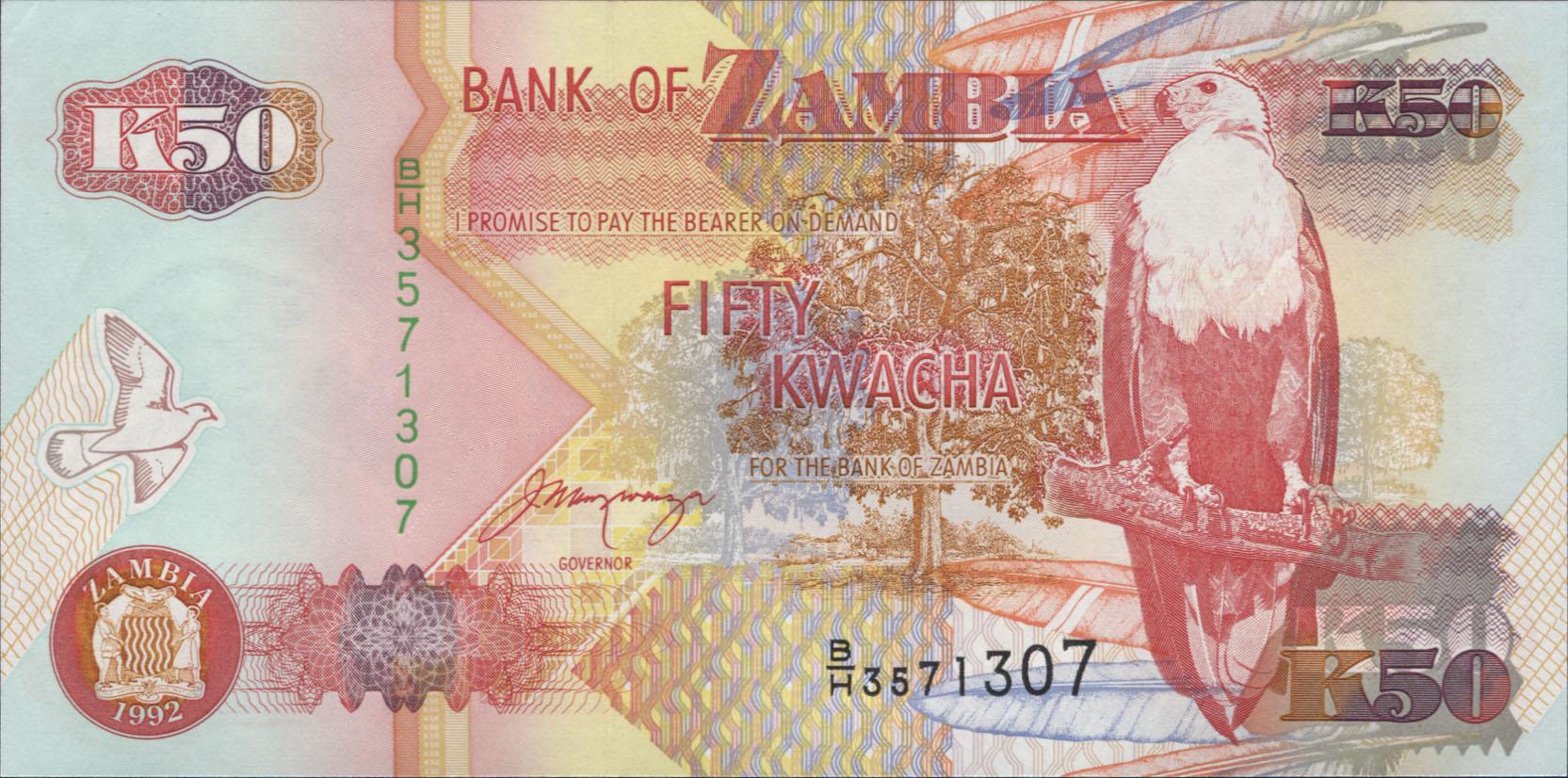 Коллекционная банкнота Замбия 1992 50 квач P37b UNC