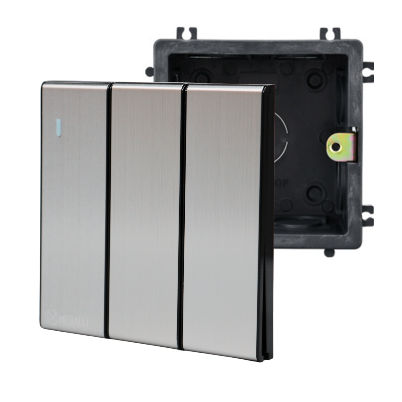 Комплект вимикач 3 клавішний MERALLI INOX безрамковий/квадратний підрозетник MERALLI модульний вбудований Чорний