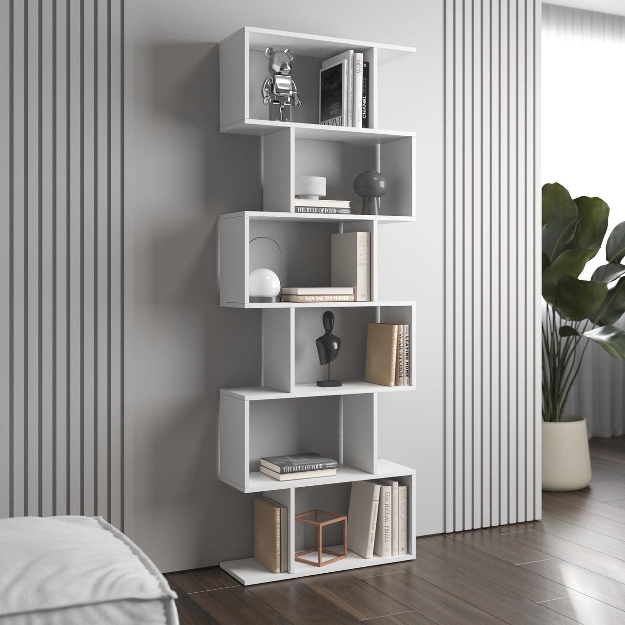 Стеллаж для книг и декора на 6 полок из ламинированного ДСП 700x1940x240 мм Белый (hm-56-wh)