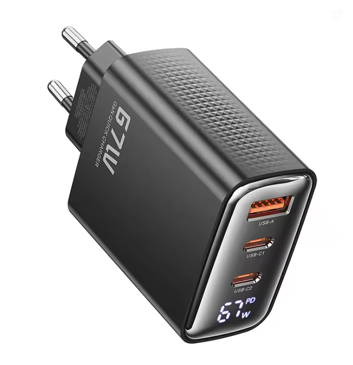Сетевое зарядное устройство для Toocki 67W GAN 2xType-C + USB-A TCT67-22EU с дисплеем