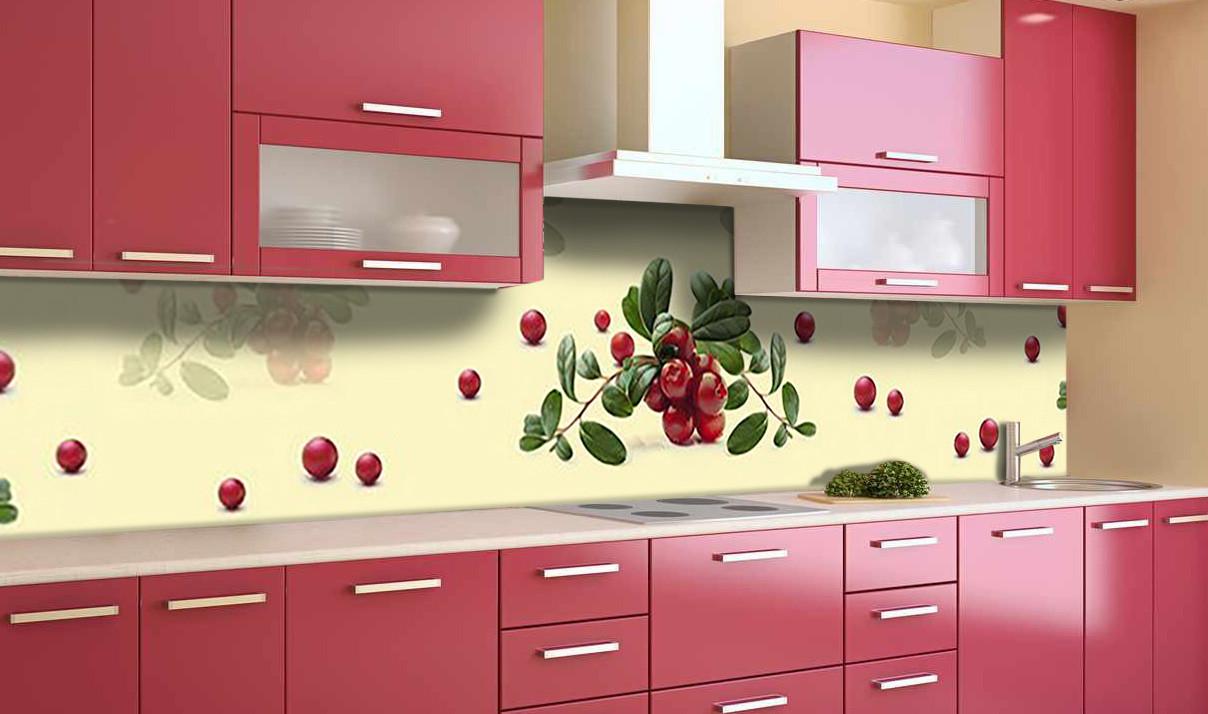 Кухонный фартук Клюква красные ягоды из самоклеящейся виниловой пленки 65х250 см Бежевый