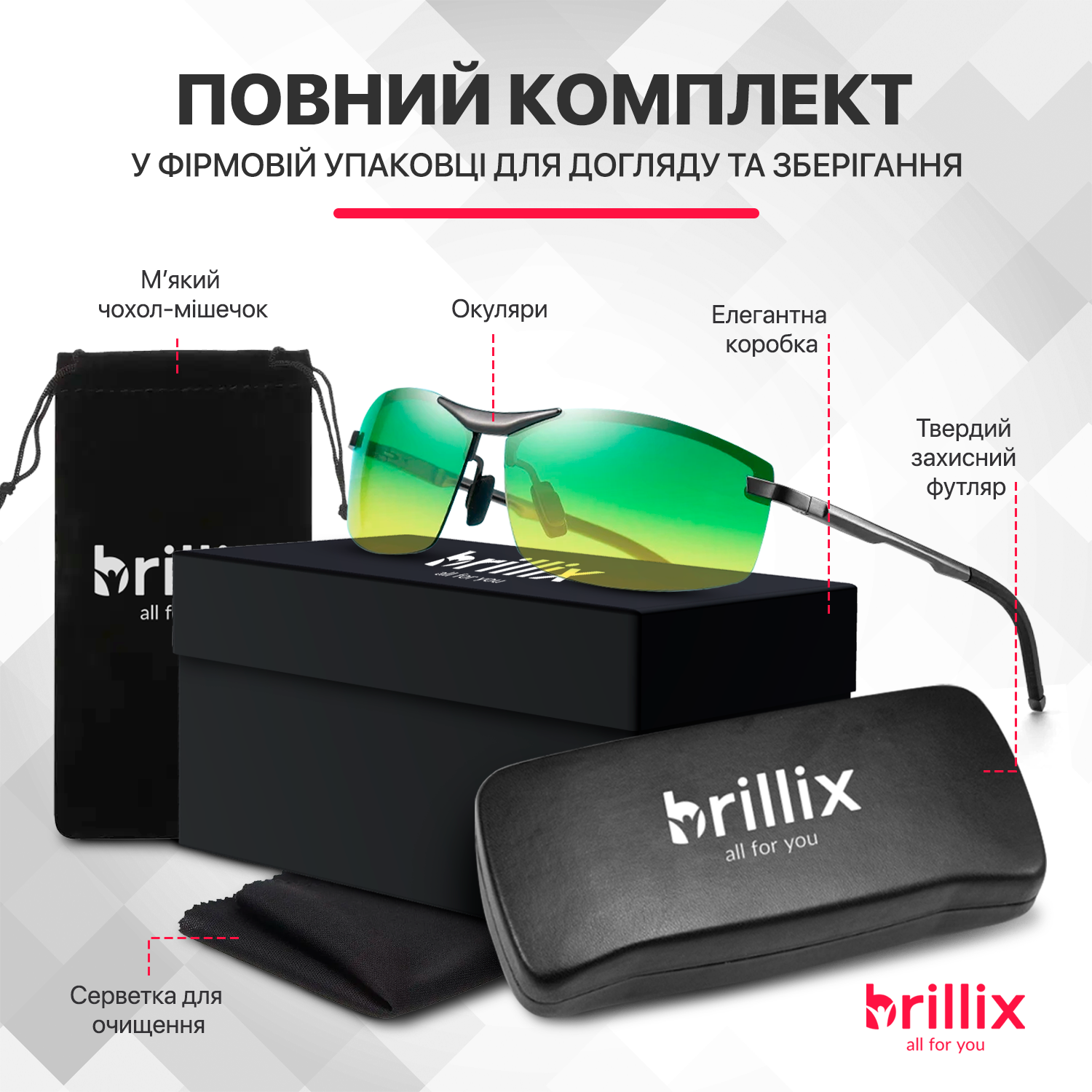 Окуляри для водіїв поляризаційні антиблік Brillix для нічної та денної їзди з чохлом (BRL-012) - фото 9