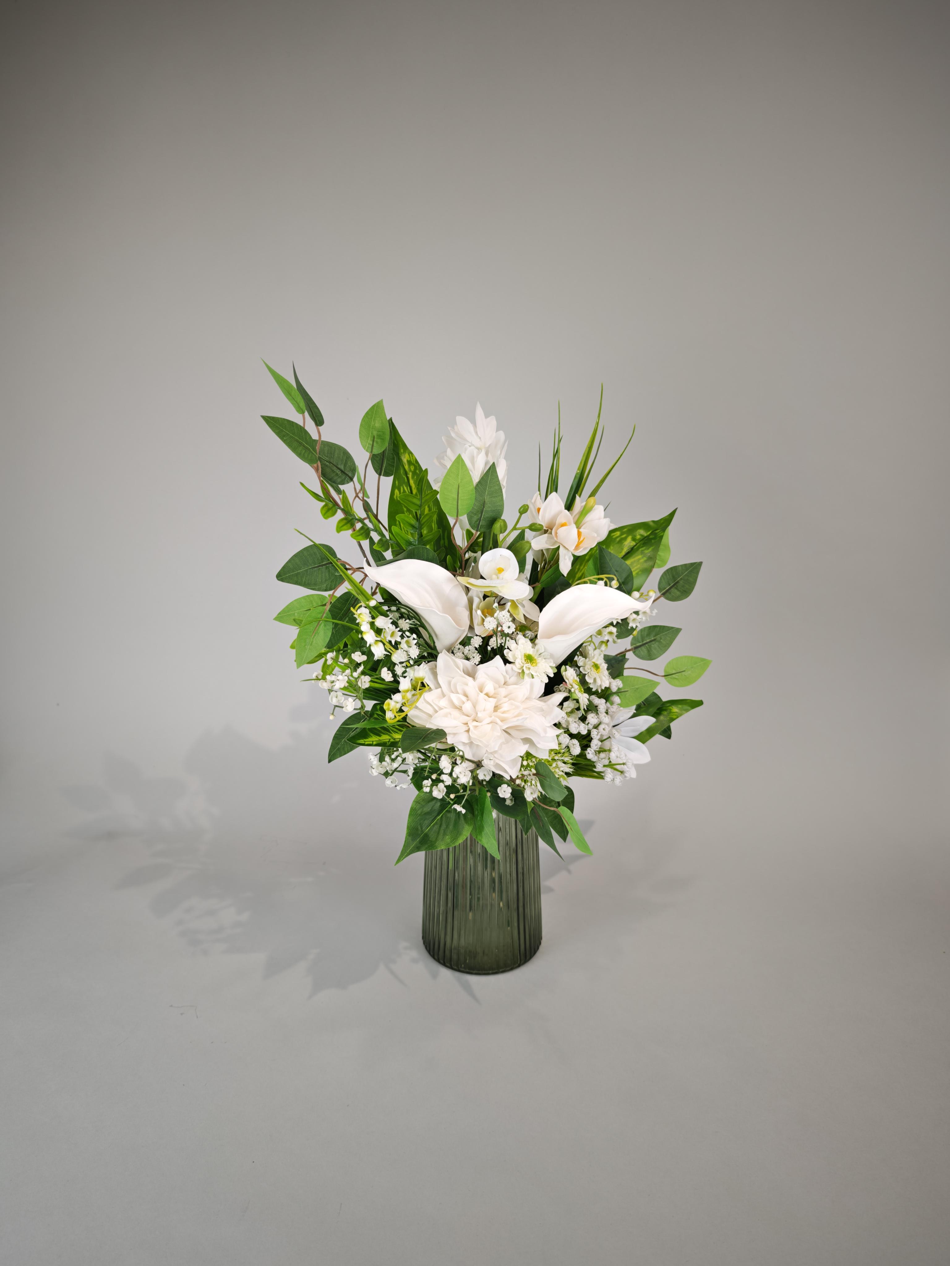 Букет штучних квітів Світлий шлях у гранітну мармурову та пластикову вазу на кладовище 34х45 см