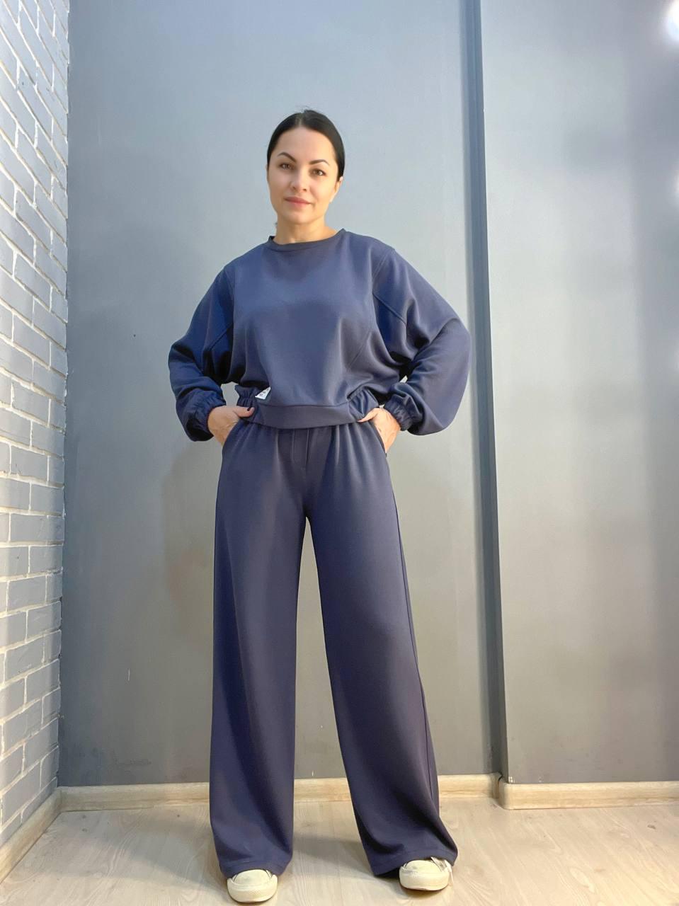 Костюм жіночий CREP 82287 біфлекс світшот та брюки палаццо M Графітовий (1613)