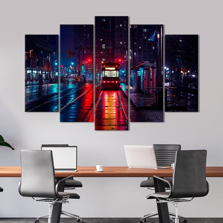 Картина город Пустой троллейбус на ночной улице 187x119 см (A680-5)