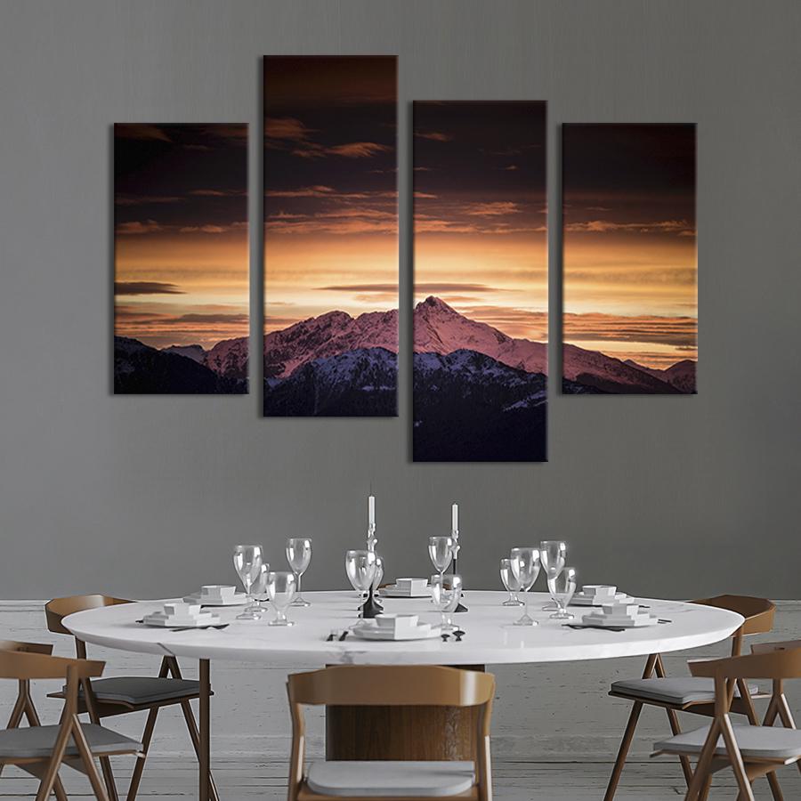 Модульная картина из четырех частей на холсте интерьерная картина Оранжевый закат над горами 89x56 см (631-42)