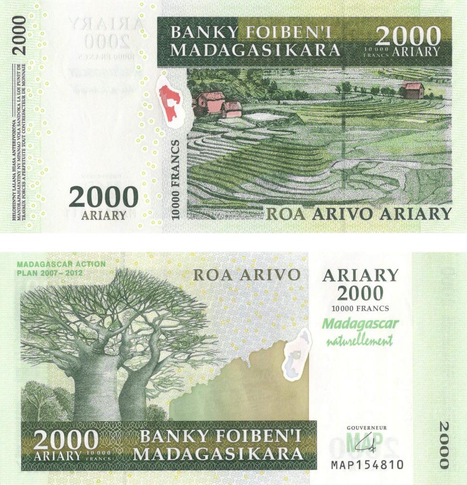 Колекційна банкнота Мадагаскар 2000 аріарі 2007-2012 UNC Пам'ятна P93 (Б08531)