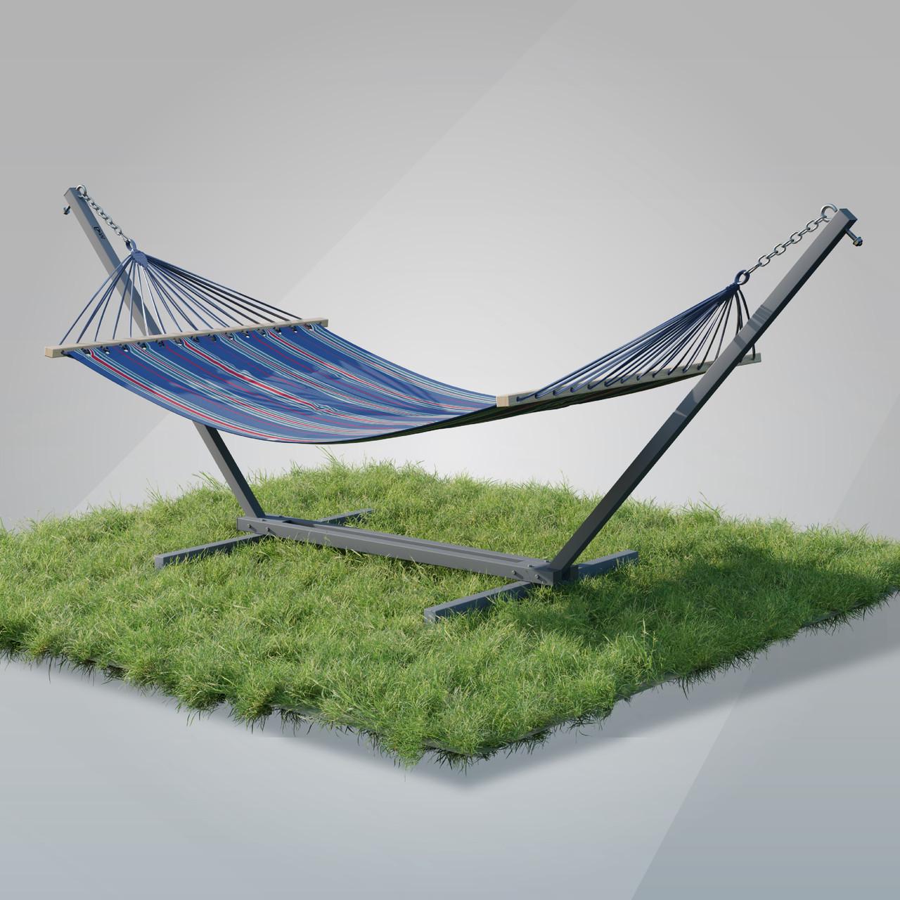 Стойка для гамака и двухместный гамак с планкой RIO XXL 200х150 см Синий