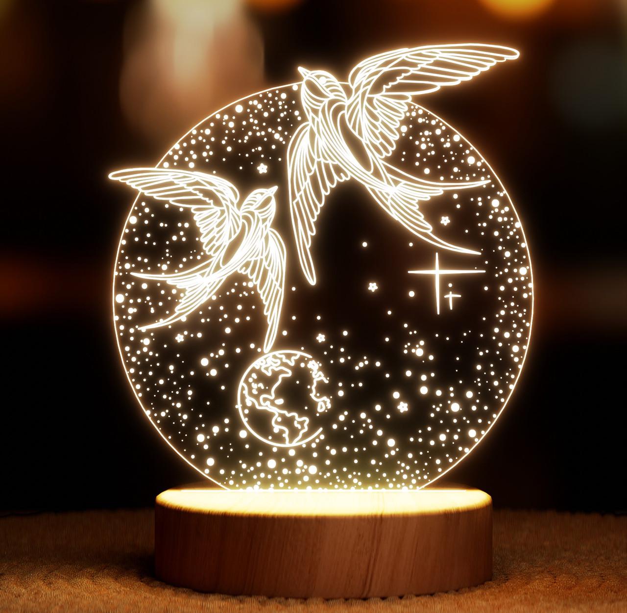 Ночник-светильник Lampic Пара ласточок USB дерево/акрил 15х21 см Желтый (32377423)