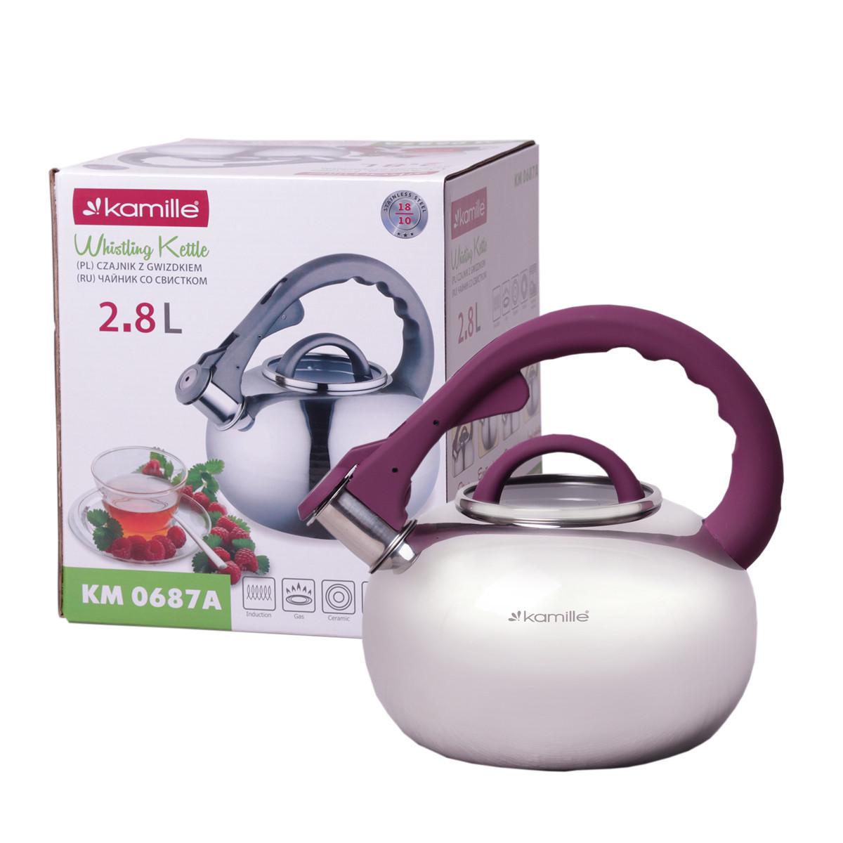 Чайник Kamille KM-0687A из нержавеющей стали со свистком и стеклянной крышкой 2,8 л Фиолетовый (29-84-0687AFL) - фото 3