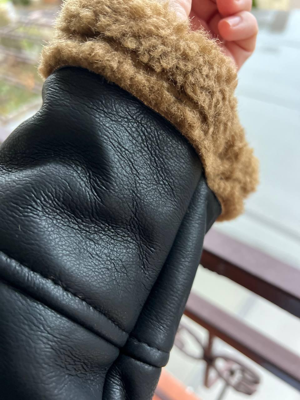 Дубленка женская Aftf Basic 2437 короткая авиатор на молнии с коричневым мехом экокожа M Черный (3127) - фото 7