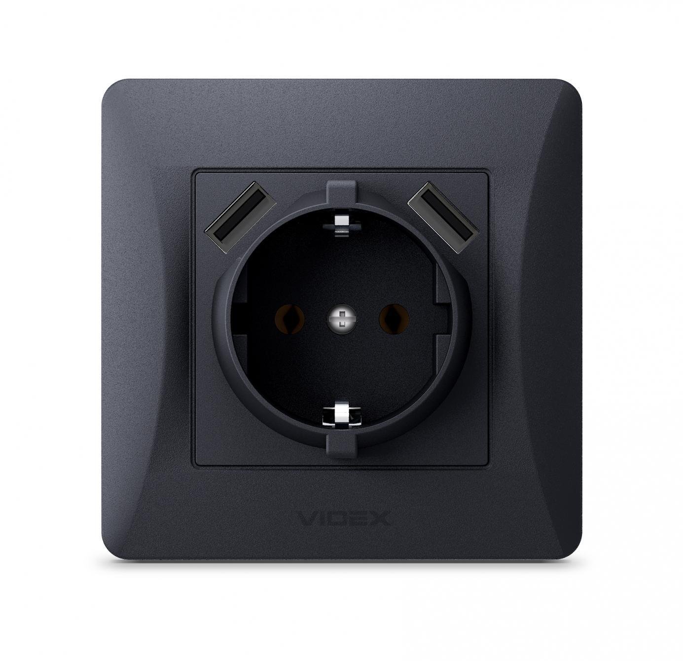 Розетка одинарная с заземлением Videx Binera из 2USB Графитовый (00000013006)
