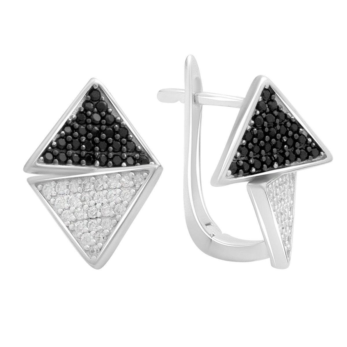 Сережки срібні LoveR із фіанітами у геометричному дизайні Чорно-білий