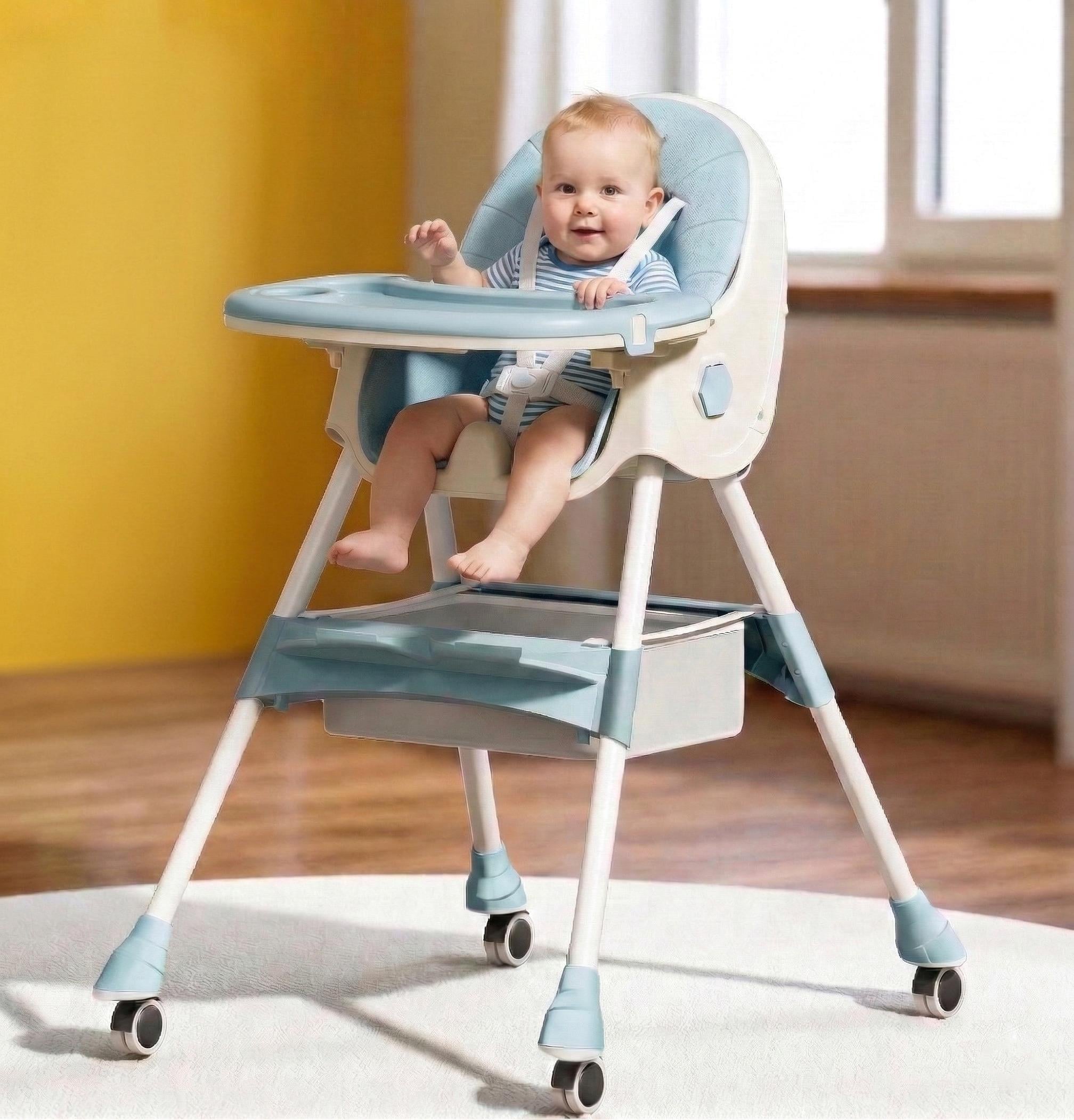 Стульчик для кормления 2в1 трансформер с корзиной/регулируемой спинкой и столиком Голубой (Е500332)