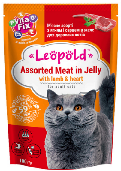 Корм для котів вологий Леопольд Асорті з ягням і серцем в желе 100 г (00-00026867)