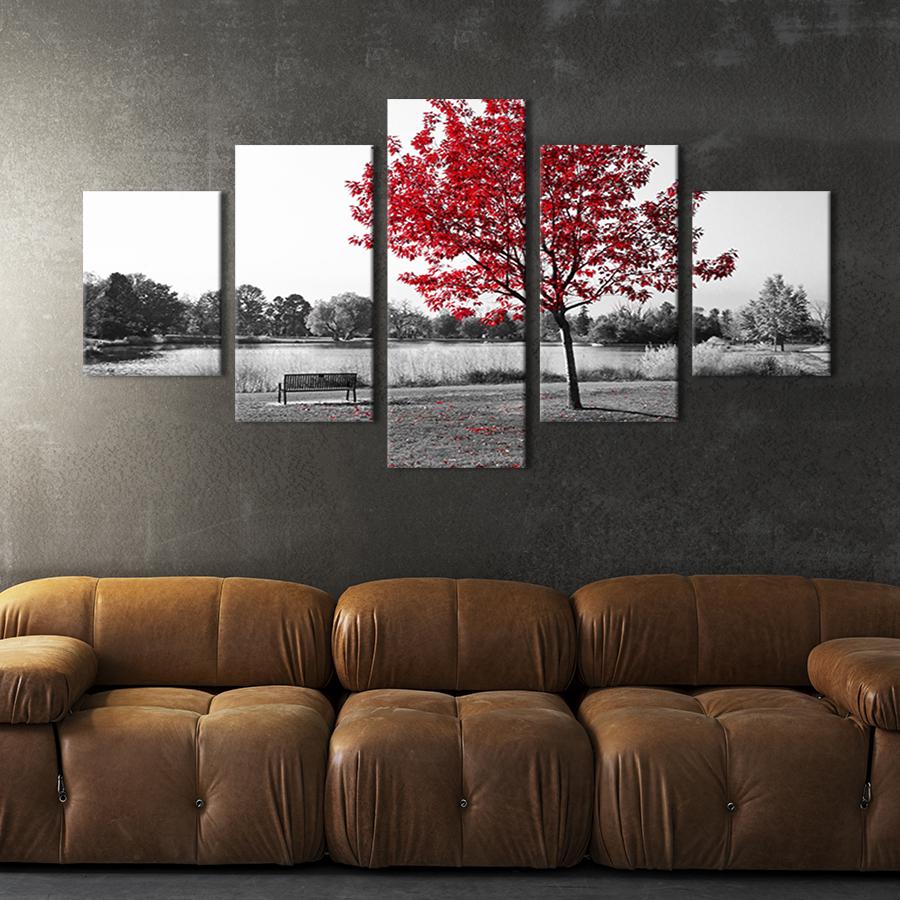 Модульная картина из 5 частей на холсте интерьерная картина Одинокая скамейка под красным деревом 162x80 см (588-52)