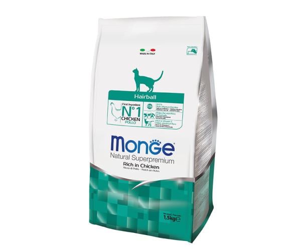 Корм сухой Monge Hairball Rich in Chicken для вывода шерсти из желудка для взрослых кошек 1,5 кг