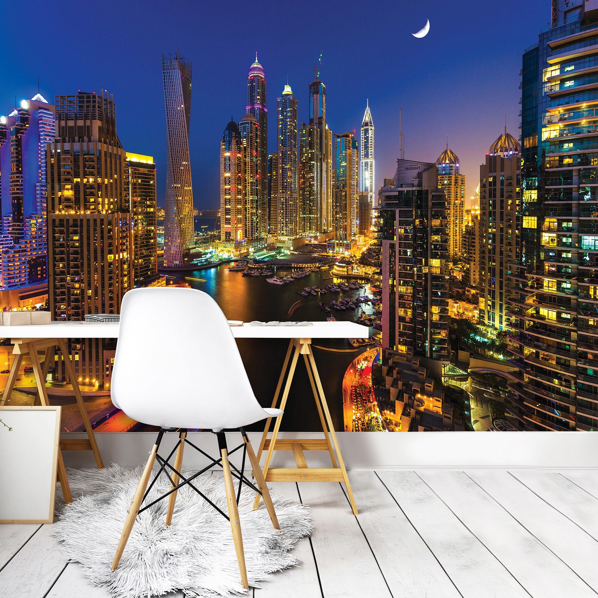Шпалери флізелінові 3D фото Хмарочоси міста Дубая вночі з клеєм 350x250 см (1672VX7)