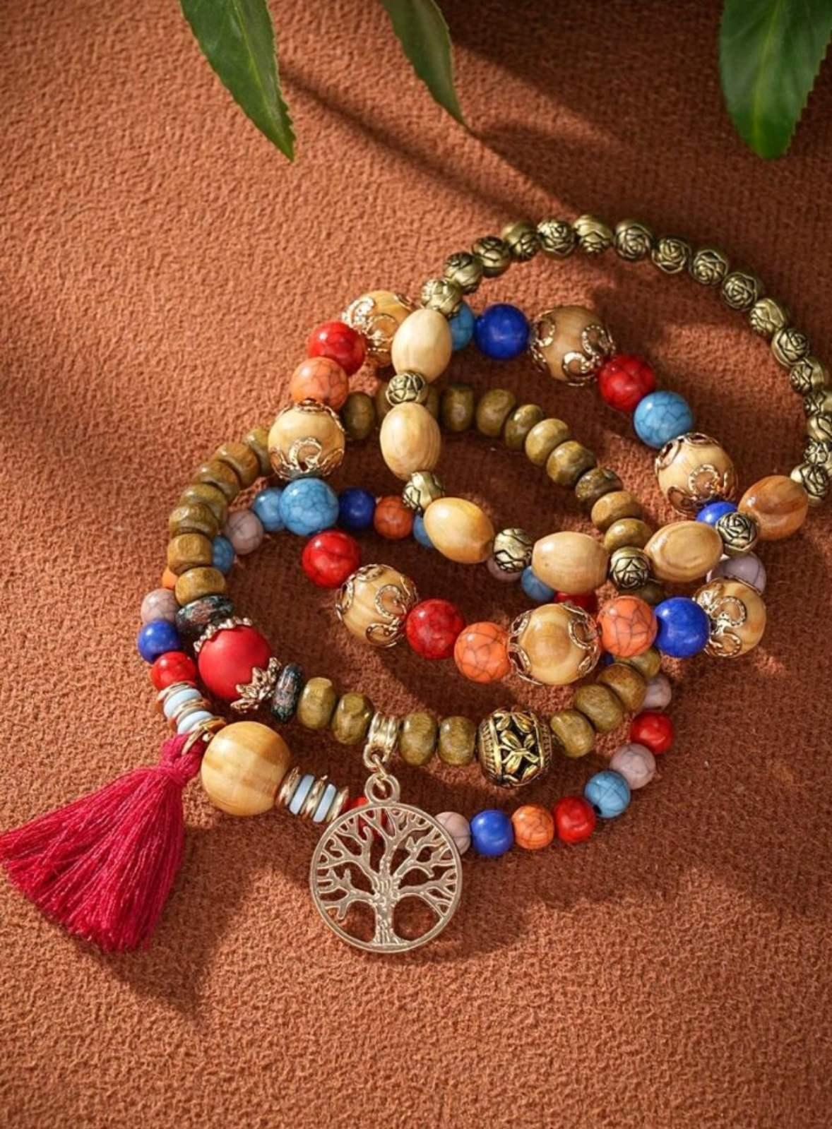 Браслет из деревянного бисера Bohemian Style Дерево жизни 4в1 на резинке Разноцветный (27477226) - фото 4