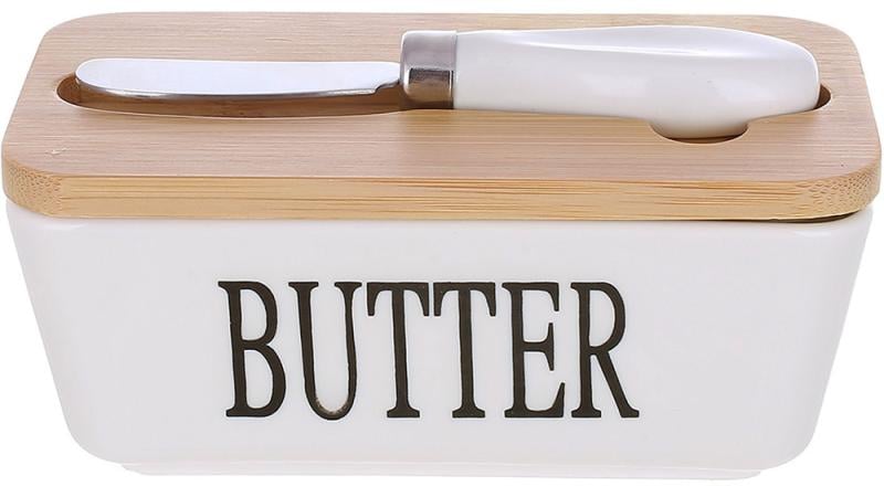 Масленка фарфоровая BonaDi с бамбуковой крышкой и ножом для масла 15х8,5х7,5см