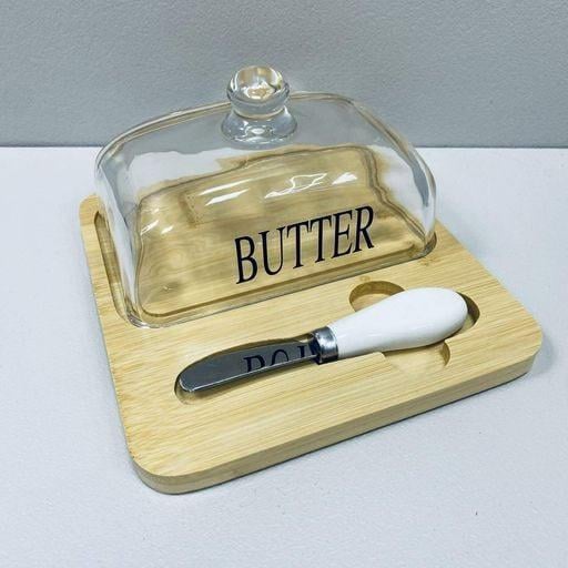 Масленка бамбук с ножом и стеклянной крышкой 18х18х9 см (R34370)