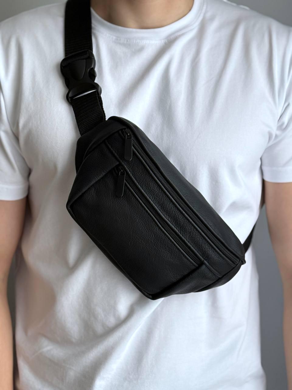 Сумка бананка на пояс мужская натуральная кожа флотар Черный (93959)