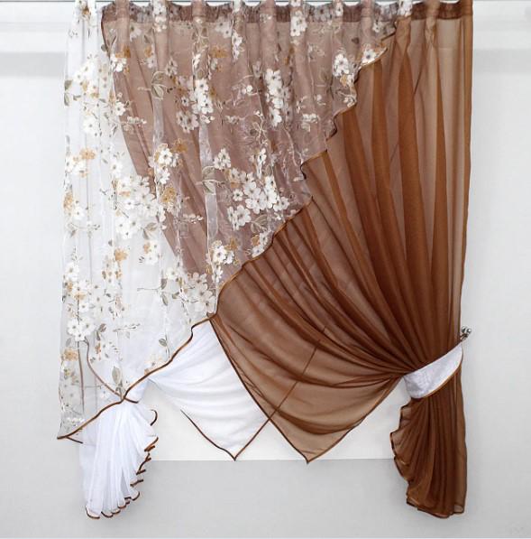 Комплект штор на кухню с подвязками 300х170 см Коричневый/Белый (063к)