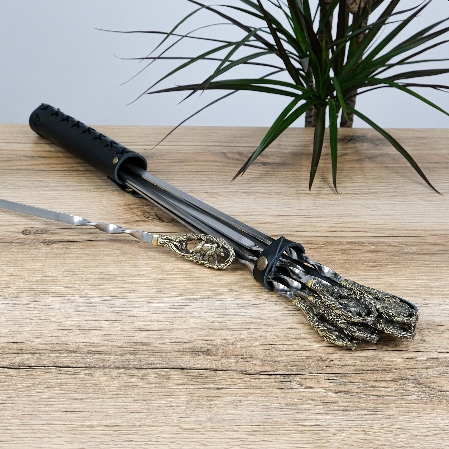 Шампуры Гранд Презент GPNSH70015 Медведь с бронзовыми ручками в кожаном колчане 6 шт. (24494)