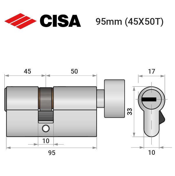 Циліндр замка ключ/тумблер Cisa ASIX P8 95T 45x50T нікель матовий (38021) - фото 4