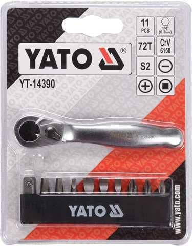 Набор отверточных насадок с трещаткой YATO : 1/4", PH, SL, SQ, L= 25 мм, 11 шт (YT-14390)