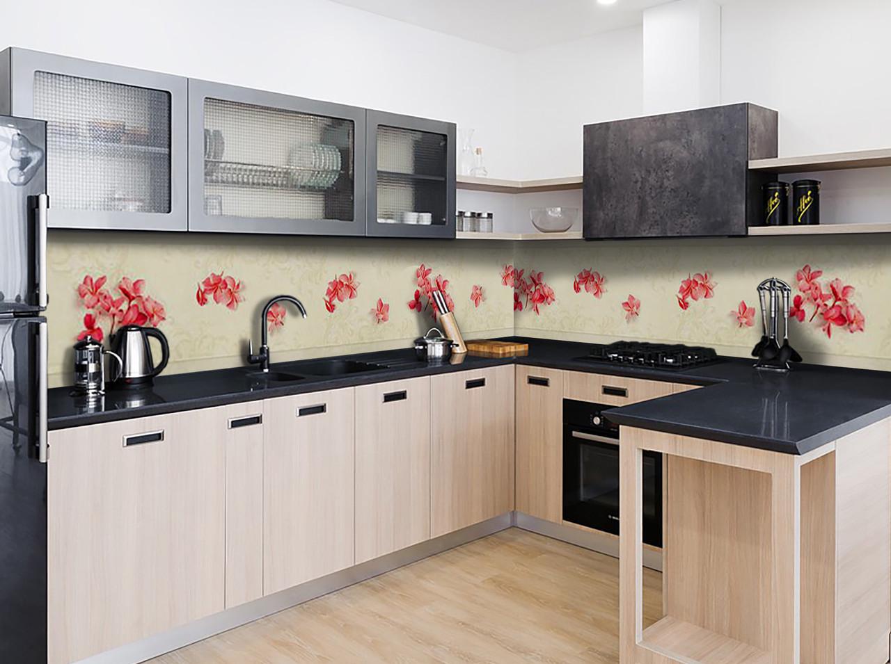 Кухонный фартук Красные леи цветы из самоклеющейся виниловой пленки 65х250 см Бежевый