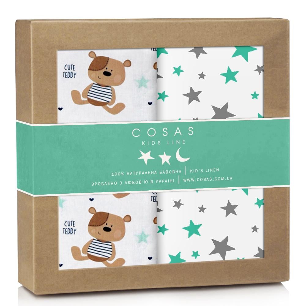 Набір пелюшок Cosas Bear Teddy Starfalls Mint Grey 80х100 см 2 шт. (4822052062821)