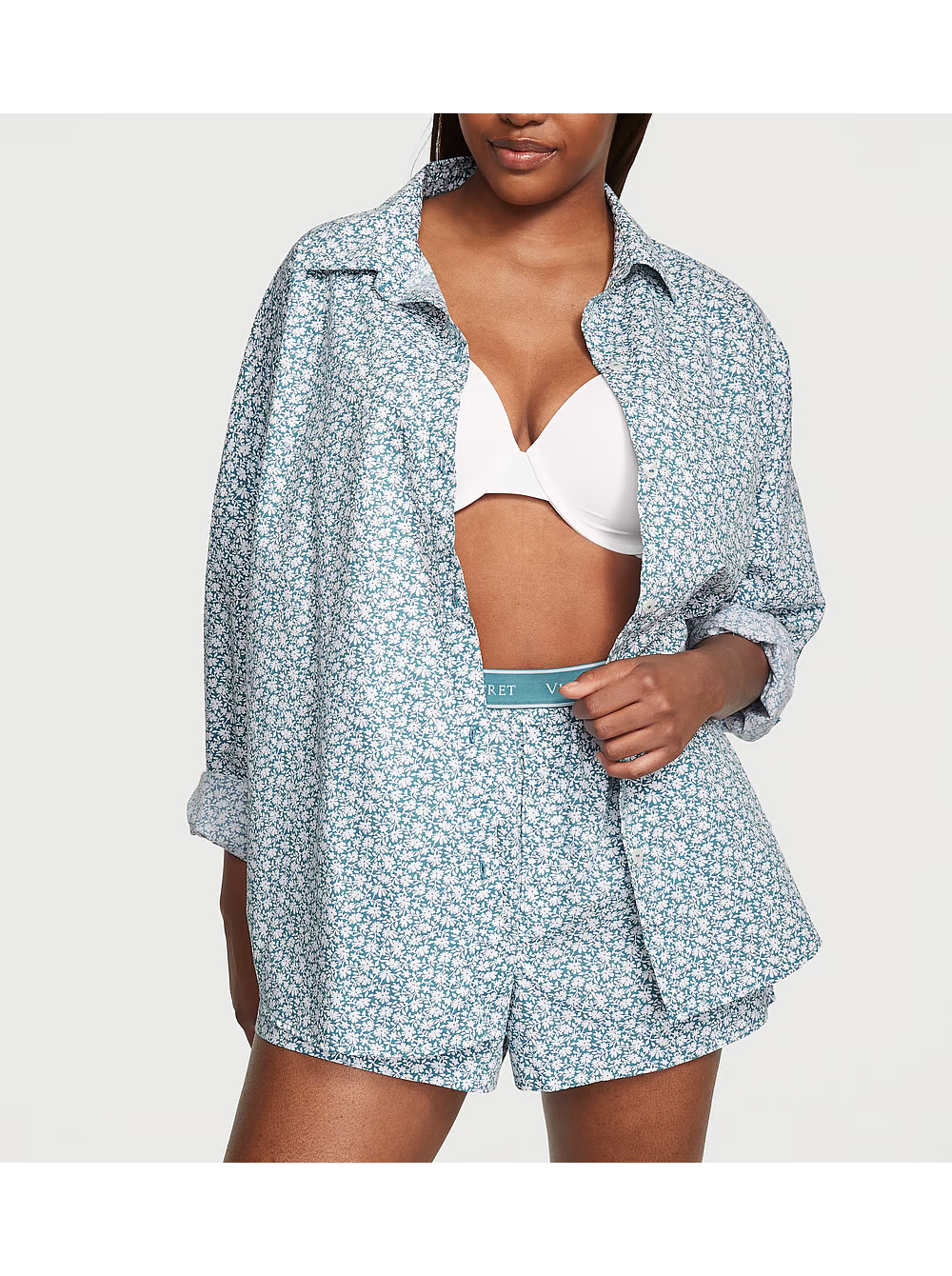 Піжама сорочка/шорти бавовна Victoria's Secret Cotton Long-Sleeve Shirt & Shorts Set квітковий принт M Блакитний (26674080)