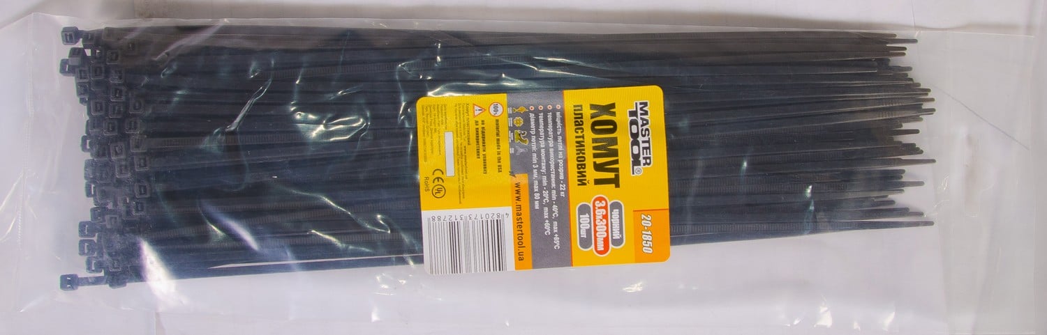 Хомут пластиковый MasterTool 3,6х300 мм 100 шт. Черный (20-1850) Хомут пластиковый MasterTool 3,6х300 мм 100 шт. Черный (20-1850)