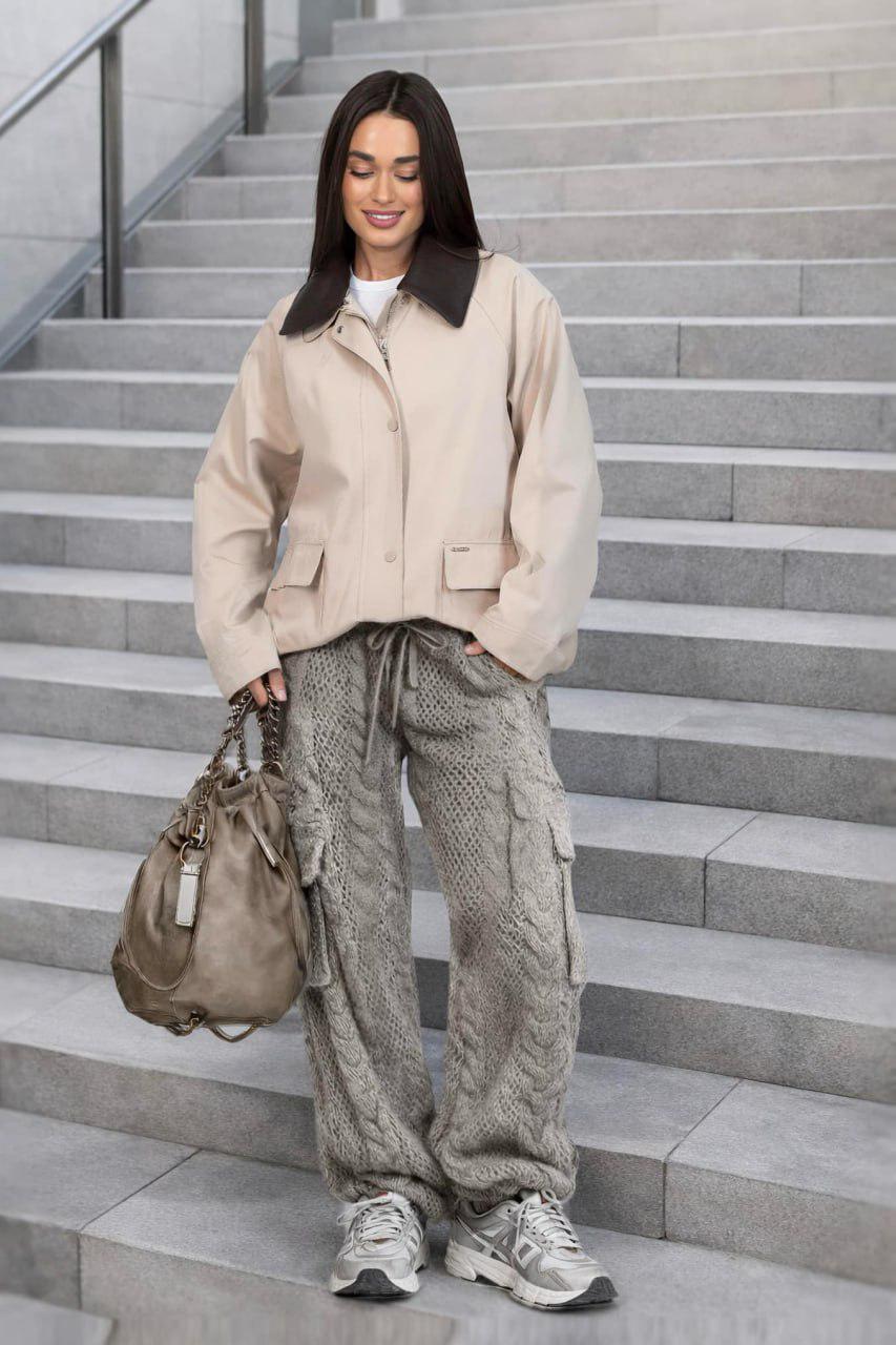 Куртка-бомбер женская с кожаным воротником 2XL Айвори (33305347)