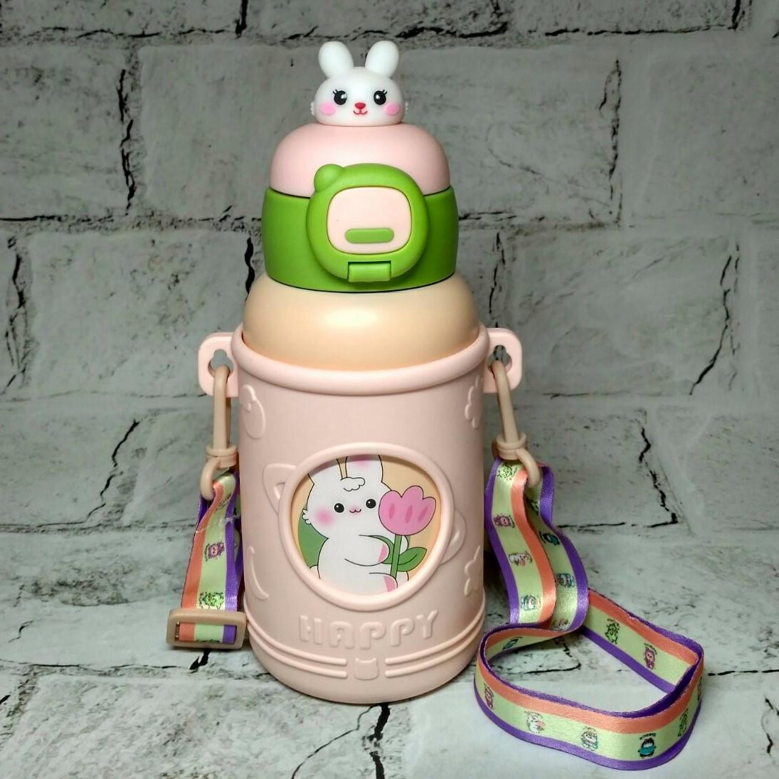 Термос детский с трубочкой и ремешком в чехле Мишка 500 мл 18х8 см розовый (H-251-R)