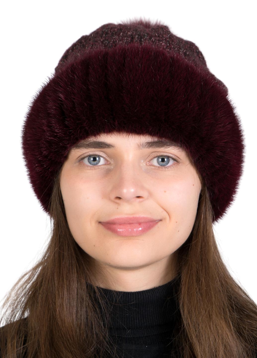 Женская вязаная шапка Меховой стиль Ажур с помпоном из натурального меха норки XL-XXL Марсала (128/P)