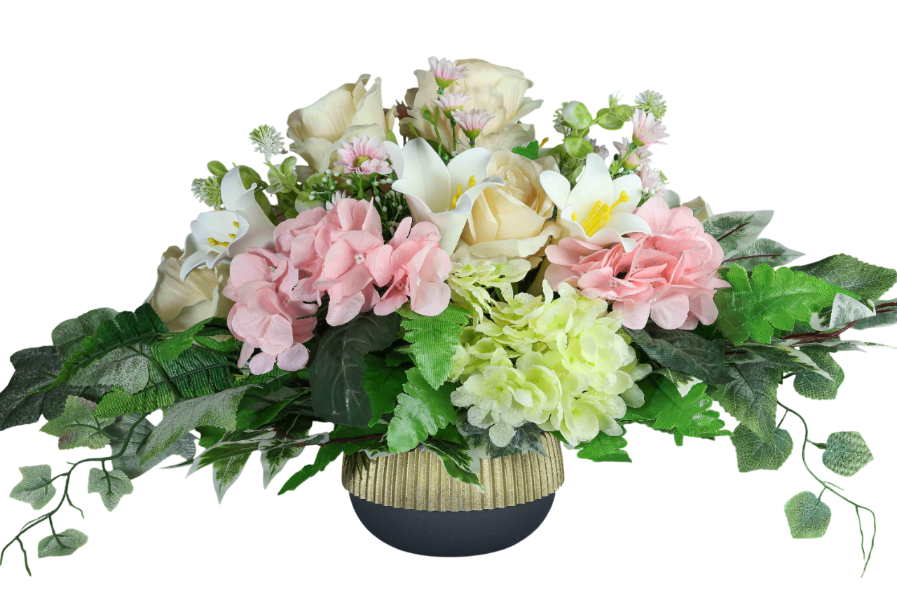 Композиция надгробная GALA DECOR из искусственных цветов в золотисто-сером кашпо (К6035СЗ) Композиция надгробная GALA DECOR из искусственных цветов в золотисто-сером кашпо (К6035СЗ)