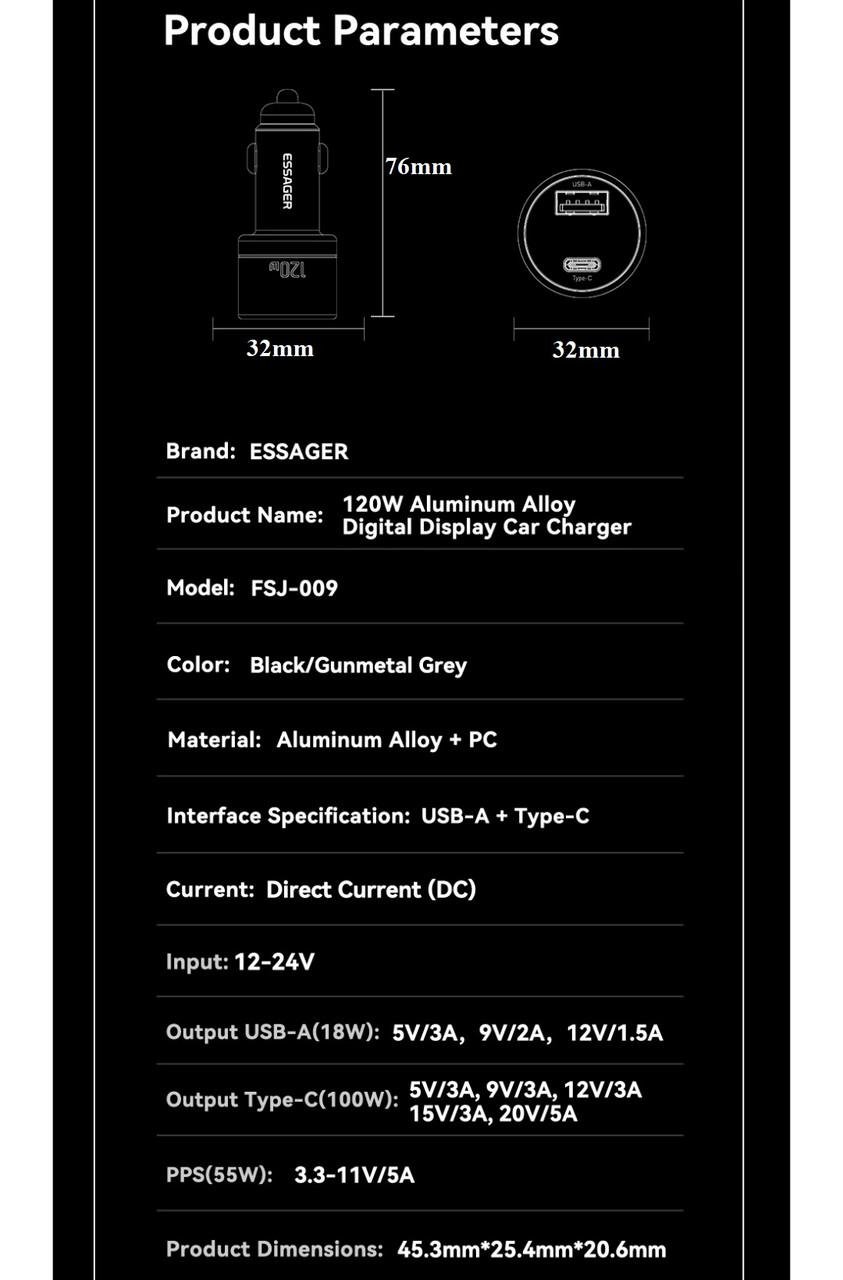 Зарядний пристрій автомобільний Essager 120W LED Type-C 100w/USB 20w Metall (25397283) - фото 8 Зарядний пристрій автомобільний Essager 120W LED Type-C 100w/USB 20w Metall (25397283) - фото 8
