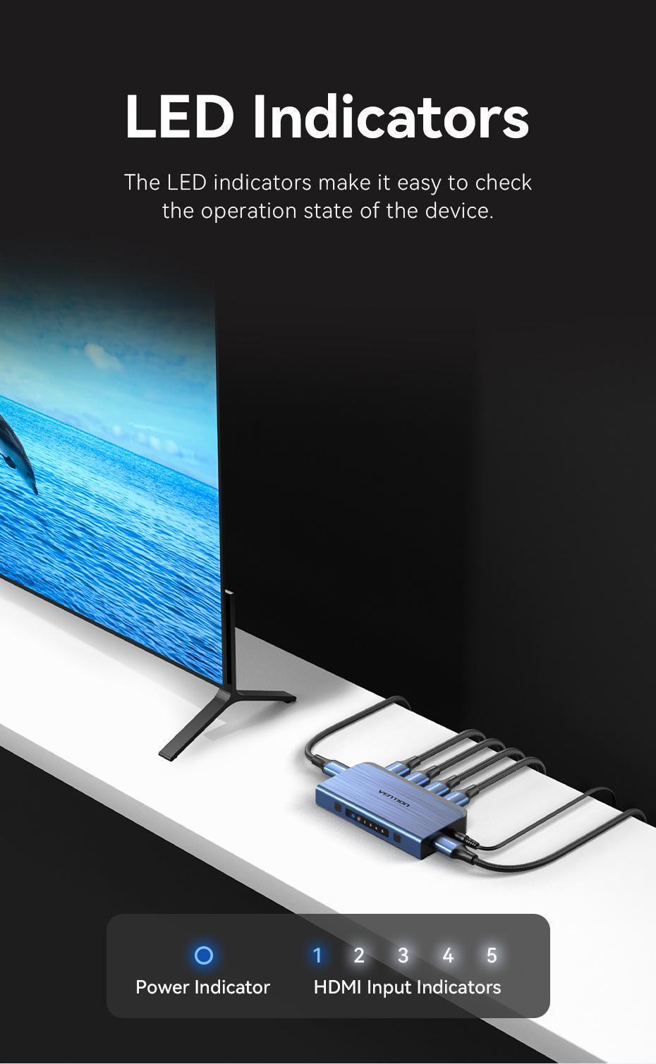 Комутатор HDMI Vention 5x1 з виведенням звуку Toslink 3,5 мм 4K 60Hz HDR HDMI 2.0 алюмінієвий з пультом ДК Синій (AKDL0) - фото 15 Комутатор HDMI Vention 5x1 з виведенням звуку Toslink 3,5 мм 4K 60Hz HDR HDMI 2.0 алюмінієвий з пультом ДК Синій (AKDL0) - фото 15