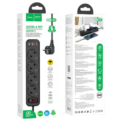 Подовжувач мережевий Hoco NS1fast charge 4Sockets 4000W 20W/3A PD/QC 1,8 м Black (547964) - фото 2 Подовжувач мережевий Hoco NS1fast charge 4Sockets 4000W 20W/3A PD/QC 1,8 м Black (547964) - фото 2
