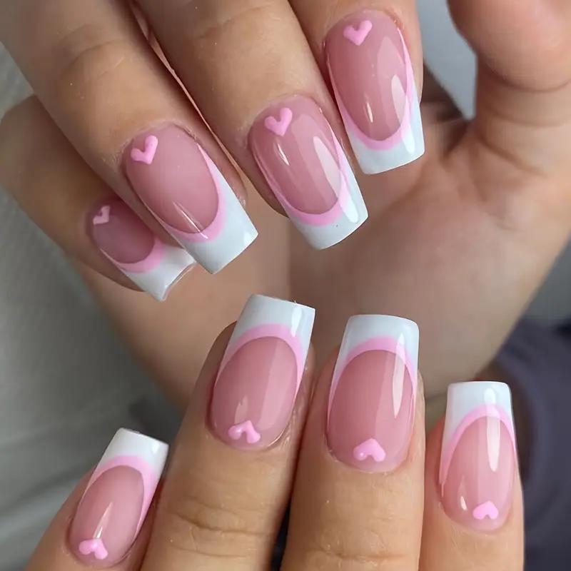 Нігті накладні френч із сердечками з клейовими пластинами 24 шт. Білий з рожевим (27086309) - фото 3 Нігті накладні френч із сердечками з клейовими пластинами 24 шт. Білий з рожевим (27086309) - фото 3